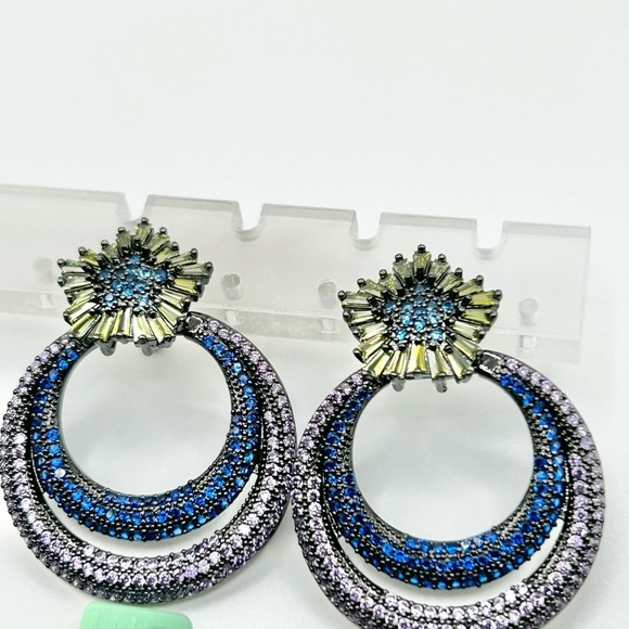 Statement Gunmetal & Blue Rhinestone Hoop Earrings with Floral Top - Picture 5 of 8